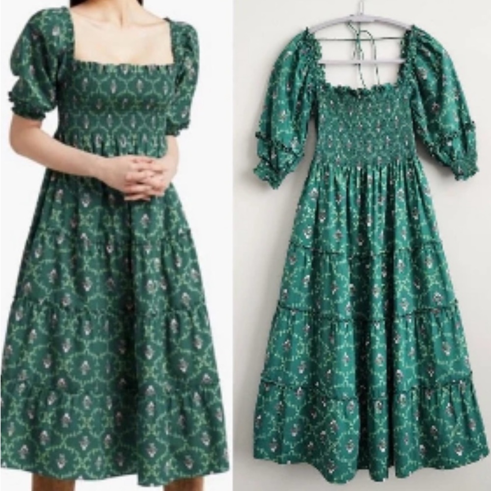 Hill House Home Nesli Nap Dress in Emerald Trellis (Size XS)
